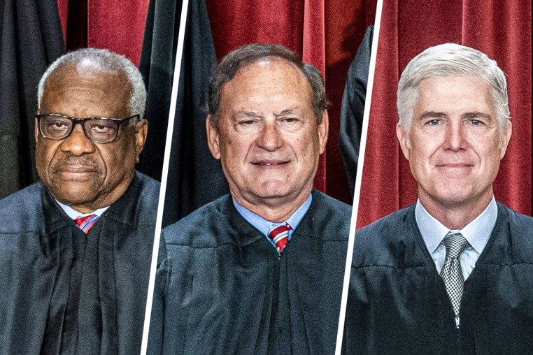 A split composite of Clarence Thomas, Samuel Alito and Neil Gorsuch.