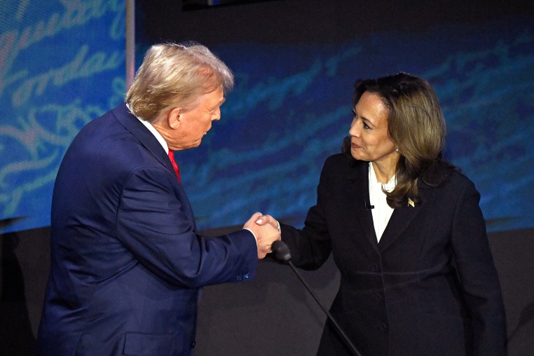 Image: donald trump kamala harris politics political politicians handshake