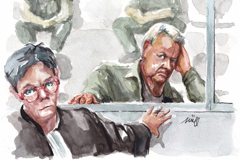 Courtroom sketch of Dominique Pelicot, who appears at the courthouse in Avignon