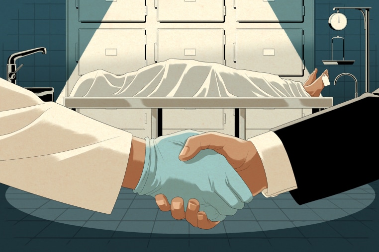 Illustration shows a doctors gloved hand shaking hands with a man in a suit, while a covered cadaver with a toe tag lays under a spotlight in a morgue.