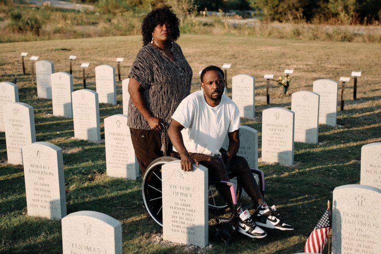 Victor Honey and Kimberly Patman at the grave of Victor C. Honey at the Dallas Ft. Worth National Cemetery on Sept 15, 2024.