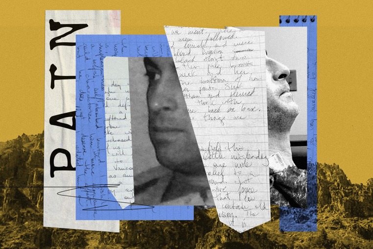 Photo collage of text that reads "Pain" and handwritten journal entries against a background of mountains and black-and-white photos of the subject