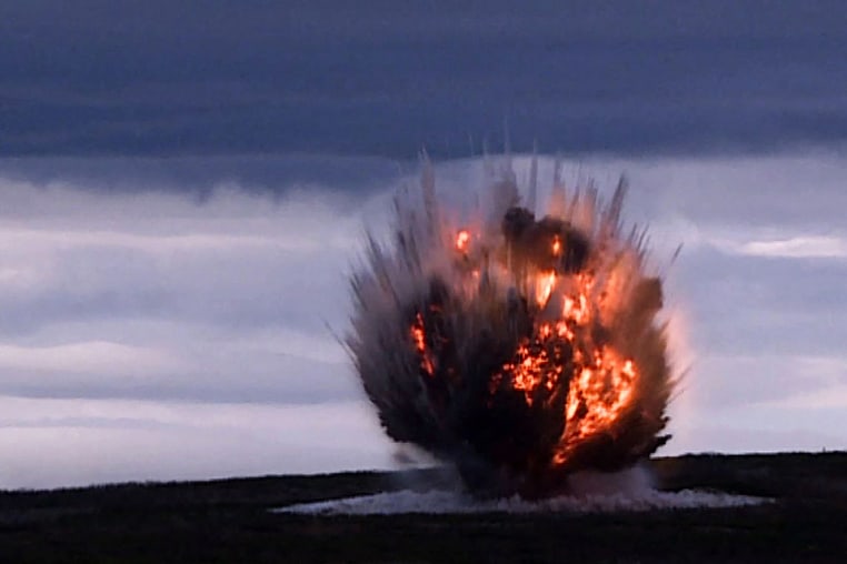 This picture taken on September 18, 2024 and released from North Korea's official Korean Central News Agency (KCNA) via KNS on September 19, 2024 shows a new tactical ballistic missile landing on the target during a test-firing, at an undisclosed location in North Korea. 