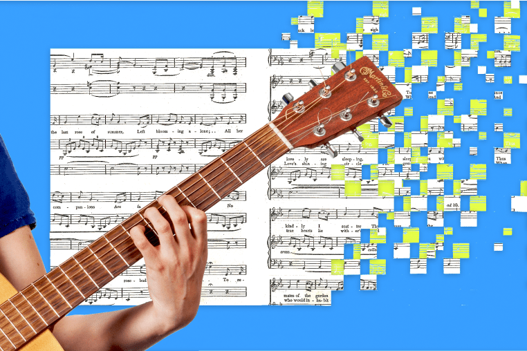 Person playing guitar as a piece of sheet music in the background disintegrates into pixels.
