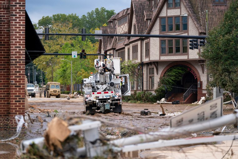 Debris and destruction on a road.