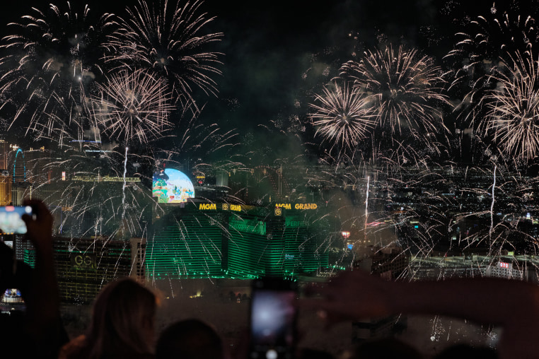 Party goers watch the fireworks show ahead of the Tropicana implosion from the Mandalay Bay’s Foundation Room in Las Vegas on Wednesday, Oct. 9, 2024 in Las Vegas, NV