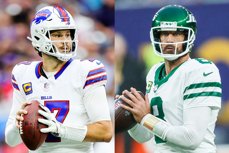 A split image of Josh Allen and Aaron Rodgers