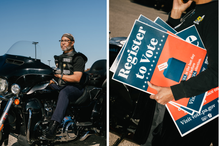 Rev. Dr. Alyn E. Waller, left, of Enon Tabernacle Baptist Church, leading the Black Men Vote Black Motorcycle Rally and Voter Registration Event in Philadelphia on Saturday, Oct. 19, 2024. Darlena Ward, right, is one of the attendees at the rally. 