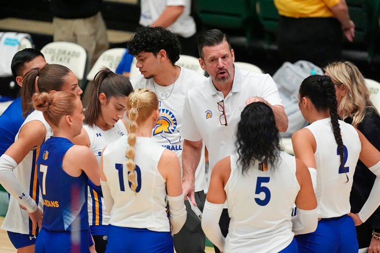 San Jose State head coach Todd Kress talks to his players.