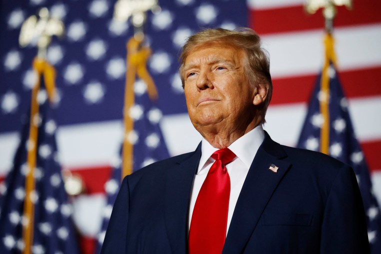 Donald Trump and a row of American flags