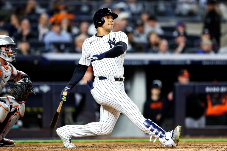 Juan Soto #22 of the New York Yankees hits a two-run home run against at Yankee Stadium in New York City on Sept. 25, 2024.