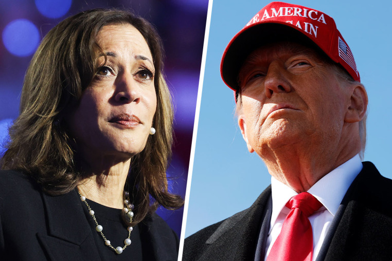A split composite image of Kamala Harris, left, and Donald Trump