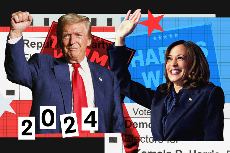 Photo illustration of Donald Trump and Kamala Harris against a black background with pops of blue and red paper textures that read" 2024" and "Harris Walz" and "Trump Vance" 