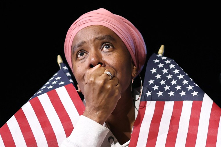 A supporter of  Kamala Harris reacts during an election night event at Howard University in Washington, DC, on November 5, 2024.