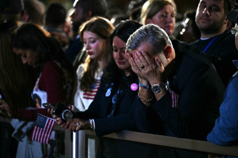 Supporters react to election results during an election night event for Vice President and Democratic presidential candidate Kamala Harris at Howard University in Washington, DC, on November 5, 2024.