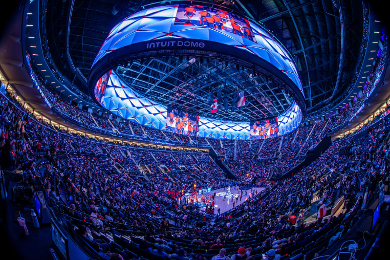 Players are introduced prior to an NBA preseason basketball game between the Los Angeles Clippers and the Dallas Mavericks at Intuit Dome on Monday, Oct. 14, 2024 in Inglewood, Calif.