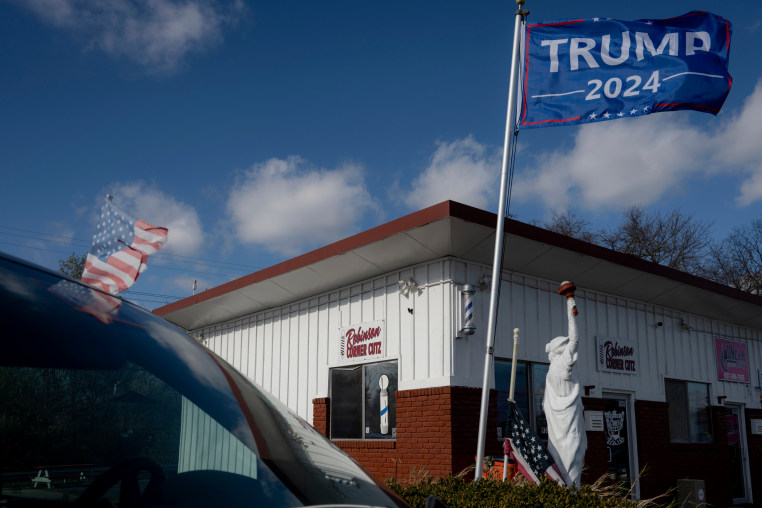 American and Trump flags adorn the parking lot of small shopping strip mall in Springfield, Ohio on Monday, Nov. 11, 2024.