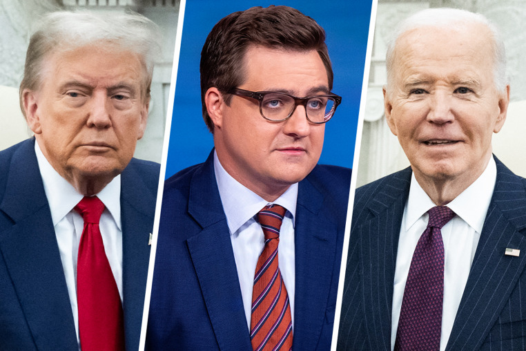 A three-way side by side split of Donald Trump, Chris Hayes, and Joe Biden.