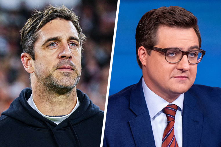 A split composite of Aaron Rodgers and Chris Hayes.