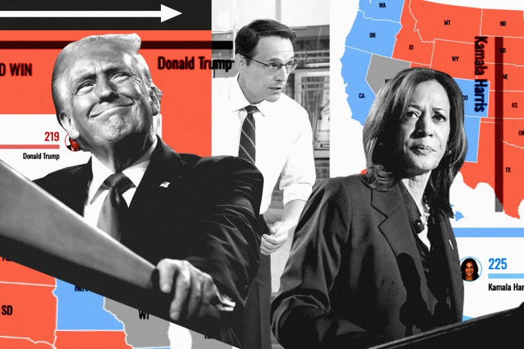 Photo illustration of Donald Trump, Steve Kornacki, and Kamala Harris against the map of battleground states