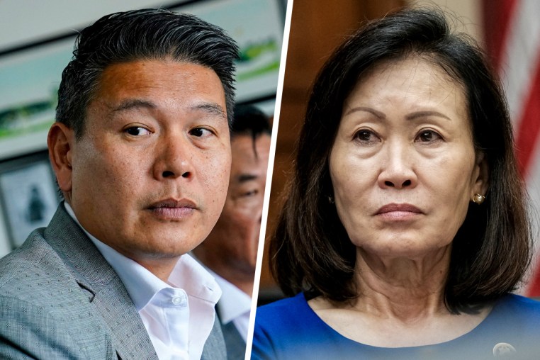 A split composite of Derek Tran and Michelle Steel.