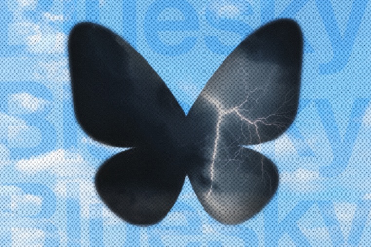 Background of a bright blue sky with overlay of the Bluesky app text logo overlay. In the center is a stormy sky with lightning, cut out in the shape of the Bluesky Butterfly logo.