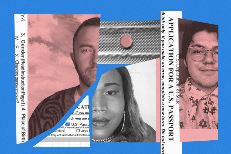 Photo collage of the story's subjects; photos are in a pink overlay against a blue background; alongside images is text from passport documents and a photo of emergency contraception