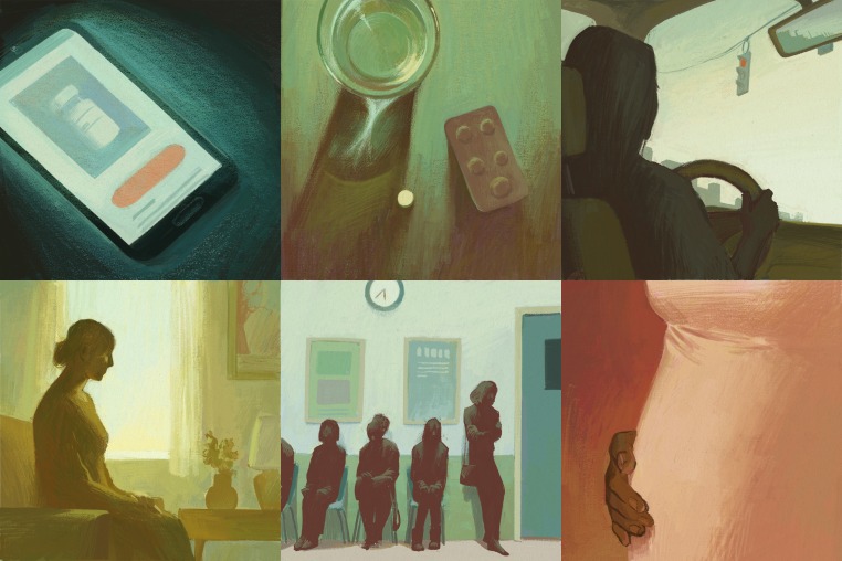 Illustration of a grid of scenes showing: telehealth abortion pills access; a glass of water with an abortion pill; a woman driving a car near a red stoplight; a woman in her home against a window; several women in a waiting room at an abortion clinic; a woman rests her hand on her stomach.