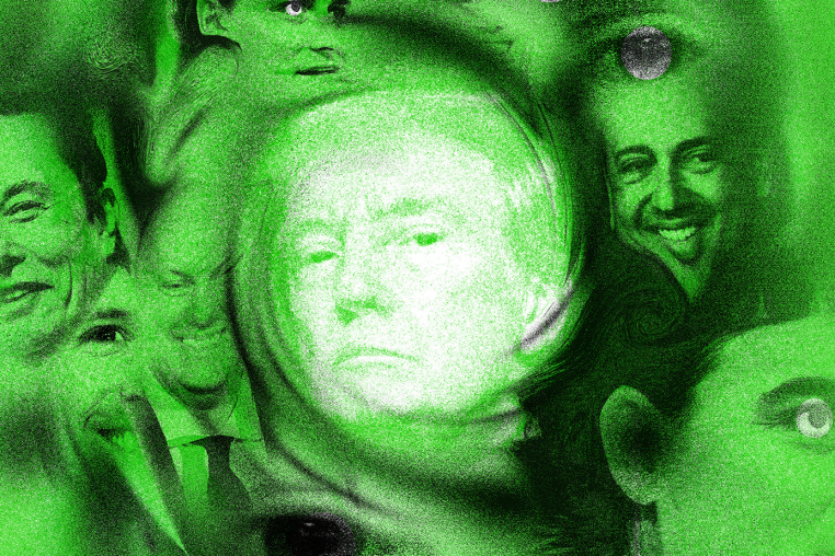 Photo illustration with neon green overlay depicting Donald Trump at the center, surrounded by various tech leaders 
