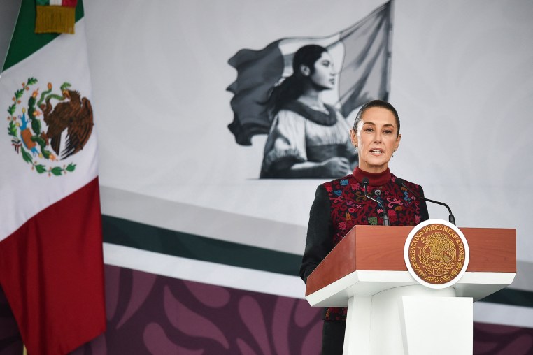 Mexico's President Claudia Sheinbaum delivers a speech on the 114th anniversary of the Mexican Revolution at the Zocalo square in Mexico City, on November 20, 2024. 