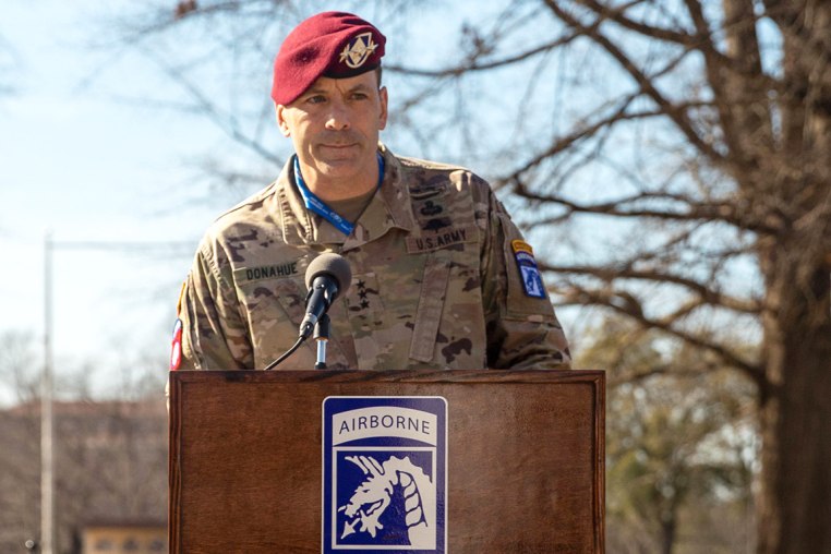RECORD DATE NOT STATED U.S. Army Lt. Gen. Christopher T. Donahue, Commanding General of XVIII Airborne Corps, delivers r