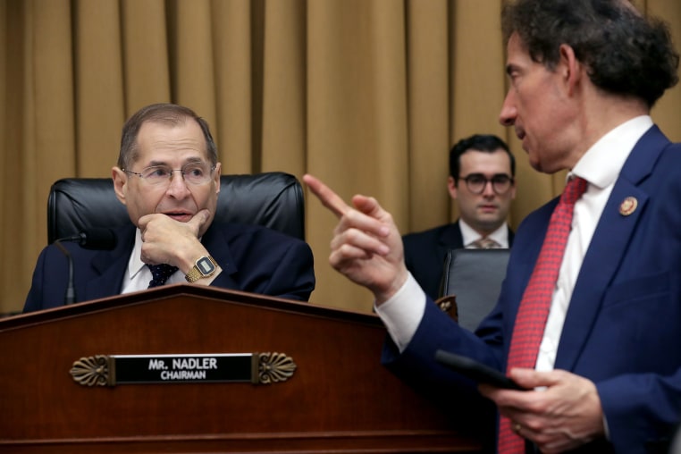 House Judiciary Committee Chairman Jerry Nadler (D-NY) (L) talks to Rep. Jamie Raskin (D-MD) during a hearing on Capitol Hill May 08, 2019 in Washington, DC. 