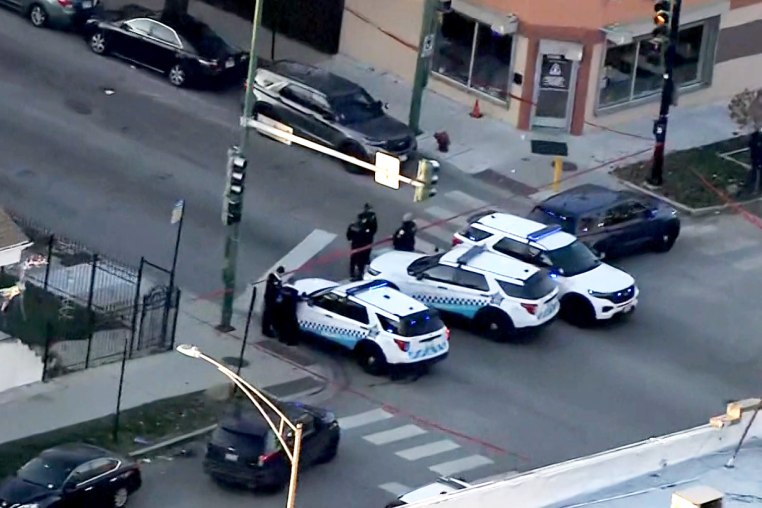 An aerial view of police investigating multiple shootings in Chicago's Gage Park neighborhood, on Dec. 2, 2024.