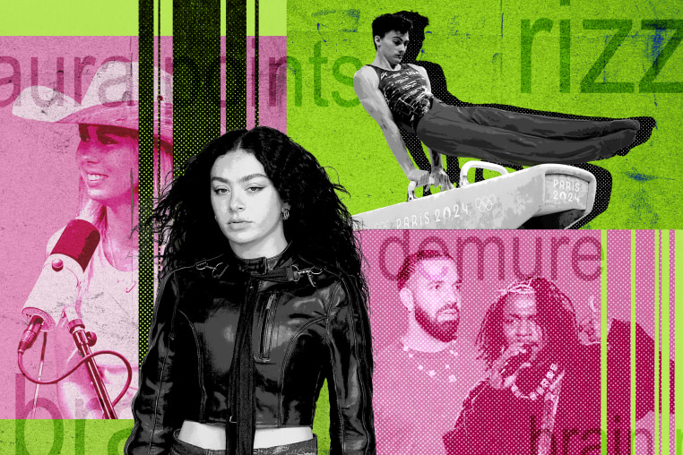 Photo collage in neon green, bright pink, and black with several figures: Charli XCX, Drake and Kendrick Lamar, Haliey Welch (also known as Hawk Tuah Girl), and Stephen Nedoroscik (also known as Pommel Horse Guy). The words "aura points," "rizz," "brat," "demure," and "brain rot" are overlaid across the image.