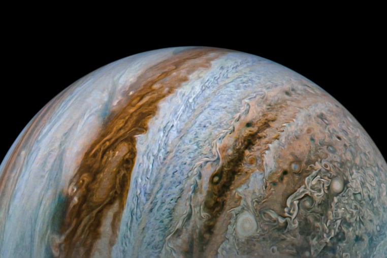 NASA's Juno spacecraft captured this view of Jupiter during the mission's 54th close flyby of the giant planet on Sept. 7, 2023.