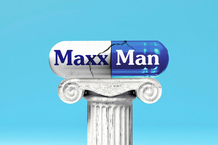 Photo illustration of a pill capsule that reads "Maxx Man" atop a column 