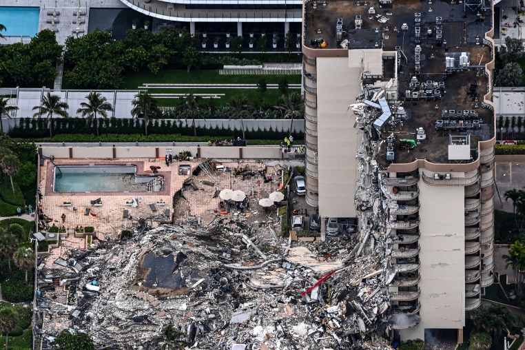 Aerial view of the partial collapse of the Champlain Towers South in Surfside