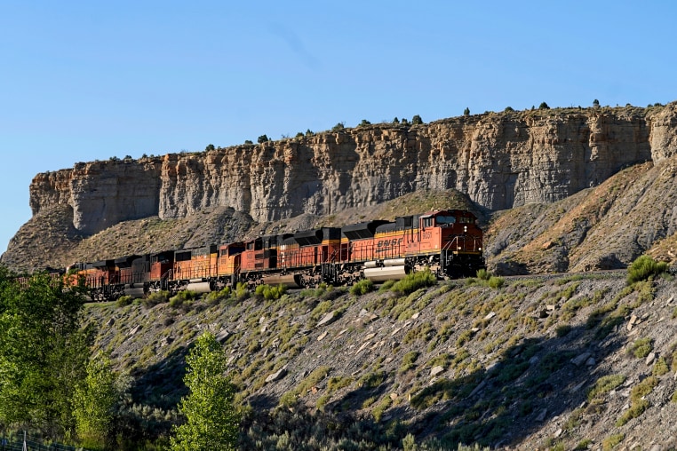 A train transports freight on a common carrier line near Price, Utah