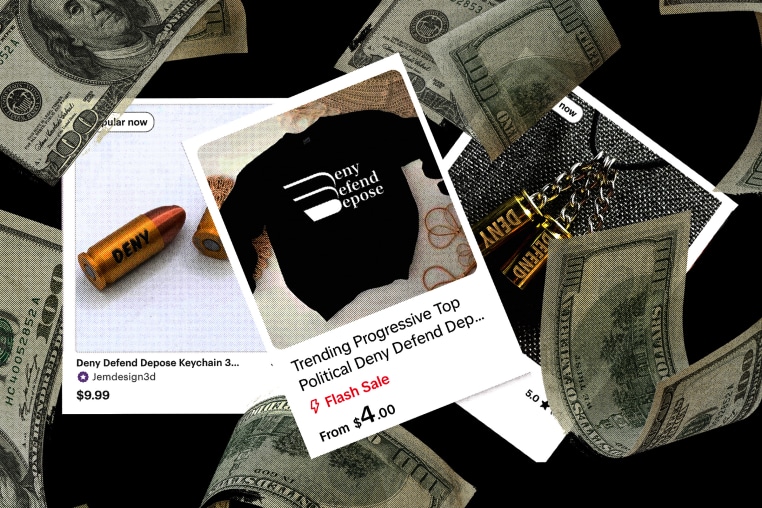 Photo illustration of Etsy screenshots advertising "merch" related to the United HealthCare shooter
