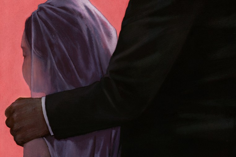 Illustration of a young girl in a veil being escorted by an adult man in formal wear.