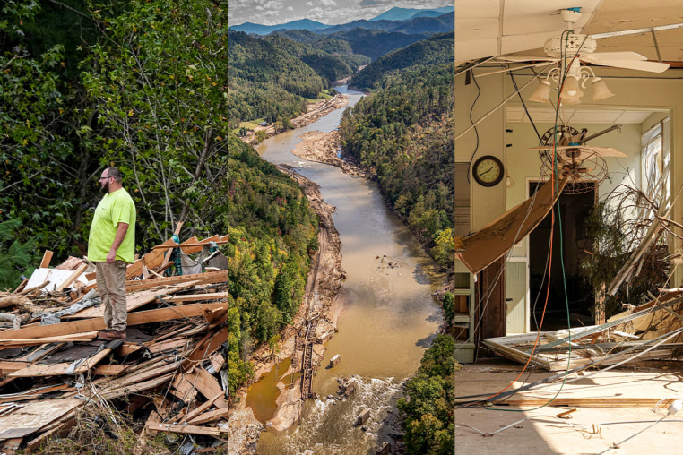 A composite of images from the aftermath of hurricane Helene in the Nolichucky River region.