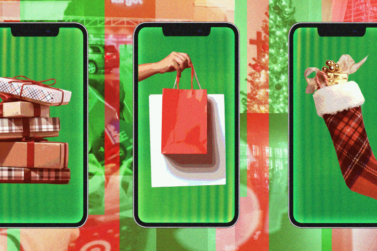 Three smartphones, with images of stacked gift boxes, a hand holding gift bags, and a Christmas stocking, respectively. Behind the phones is a collage background in red and green or various shopping centers and a decorated home.