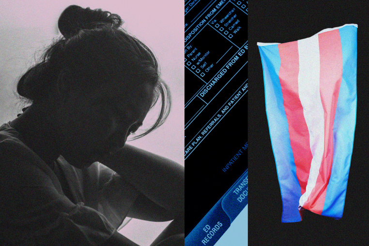 Photo illustration of a female-presenting person in silhouette; medical records; and a transgender pride flag.