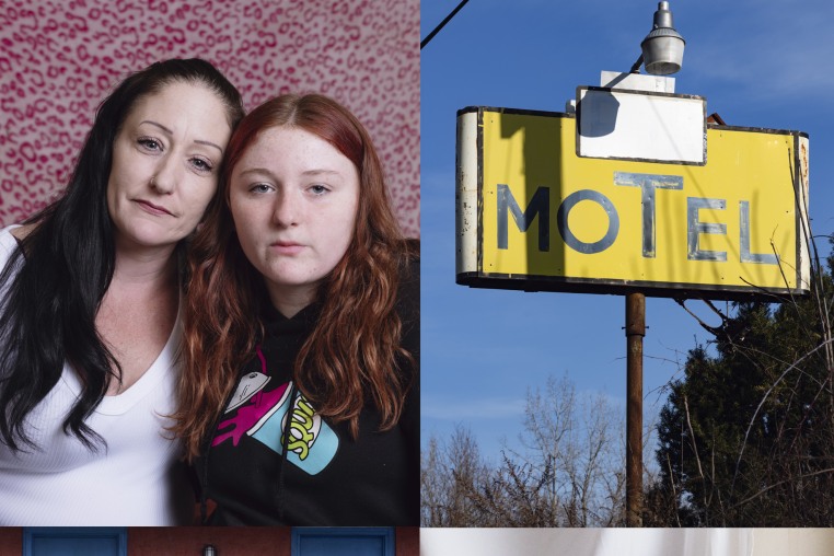 A quad showing Melissa Krajewski with her daughter and various motels in Hudson Valley, N.Y.