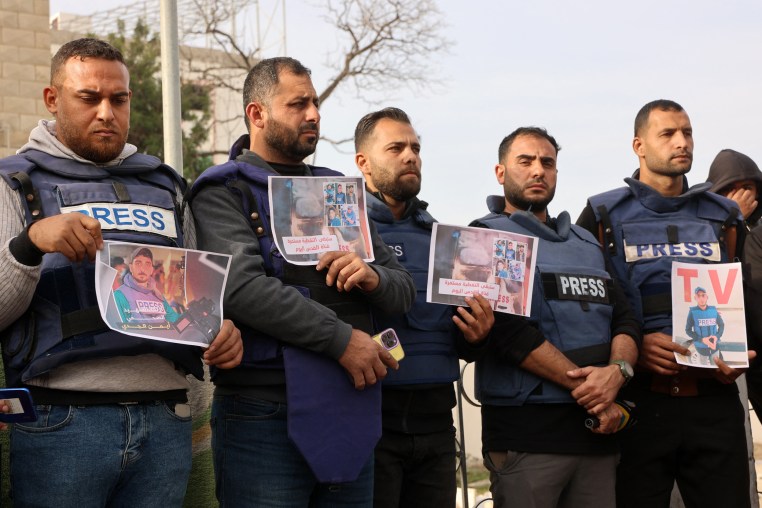 Members of the press in Nuseirat, Gaza.