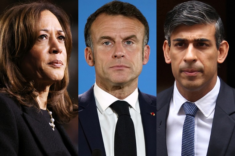 Side by side of Harris, Macron and Sunak.