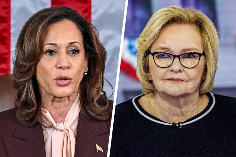 A split composite of Kamala Harris and Claire McCaskill.