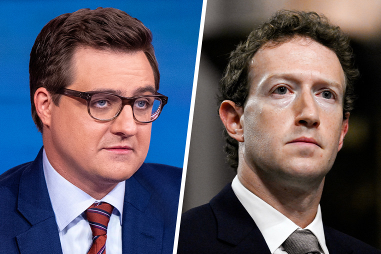 A side by side split image of Chris Hayes and Mark Zuckerberg.