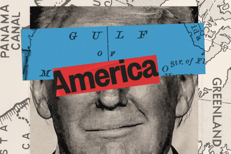 Photo collage of Donald Trump's face obscured by a map of the Gulf of Mexico; text that reads "America" covers the word "Mexico."; the background reveals maps of the Panama Canal and Greenland 