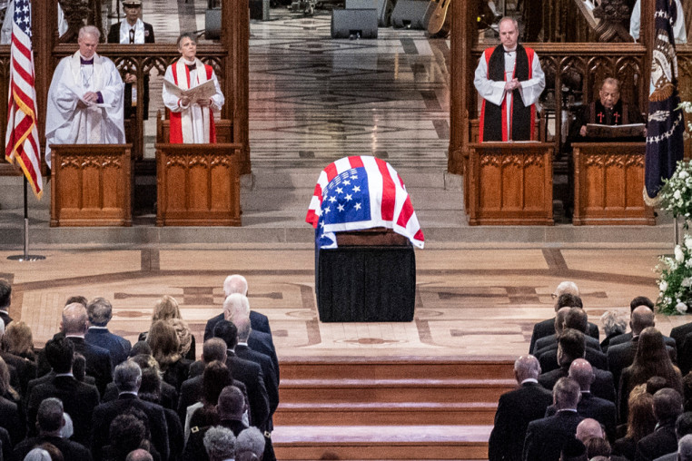 The casket of former President Jimmy Carter is pictured during a state funeral inside of a cathedral